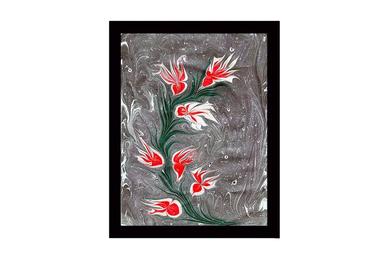 Indrammet lærredstryk i træ - 41x56 cm - Blomstrende gren med røde og hvide blomster, Rød / Hvid / Grå