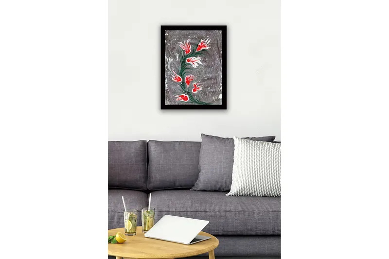 Indrammet lærredstryk i træ - 41x56 cm - Blomstrende gren med røde og hvide blomster - Rød / Hvid / Grå - Boligtilbehør - Billeder & kunst