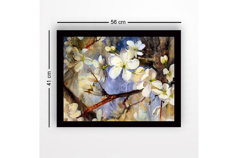 Indrammet lærredstryk i træ - 41x56 cm - Blomstrende kirsebærgrene i bløde pastelfarver - Hvid / Lyseblå / Grøn - Boligtilbehør - Billeder & kunst