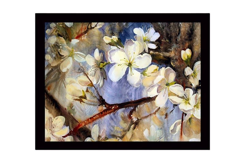 Indrammet lærredstryk i træ - 41x56 cm - Blomstrende kirsebærgrene i bløde pastelfarver, Hvid / Lyseblå / Grøn