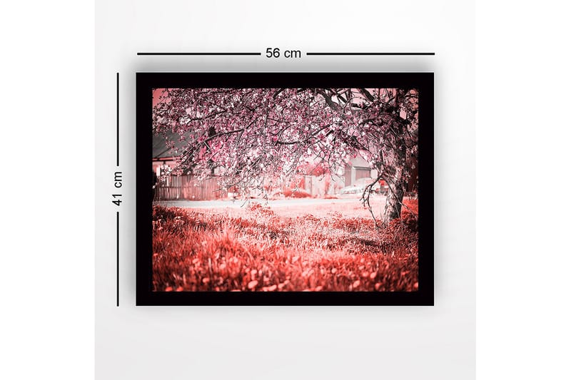 Indrammet lærredstryk i træ - 41x56 cm - Blomstrende kirsebærtræer i et drømmeagtigt landskab - Lyserød / Grøn / Hvid - Boligtilbehør - Billeder & kunst