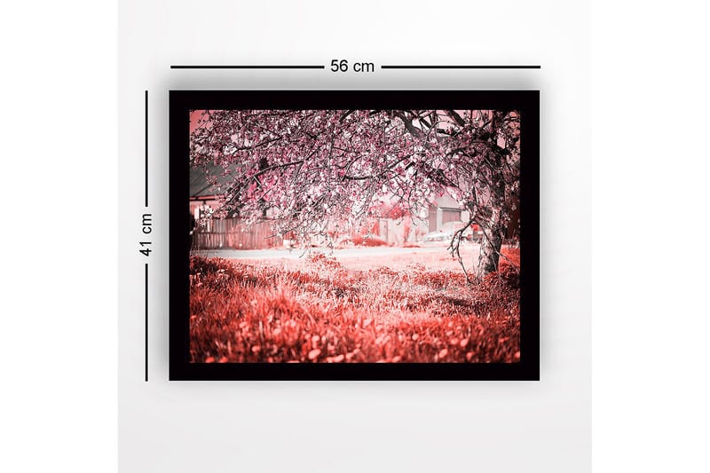 Indrammet lærredstryk i træ - 41x56 cm - Blomstrende kirsebærtræer i et drømmeagtigt landskab - Lyserød / Grøn / Hvid - Boligtilbehør - Billeder & kunst