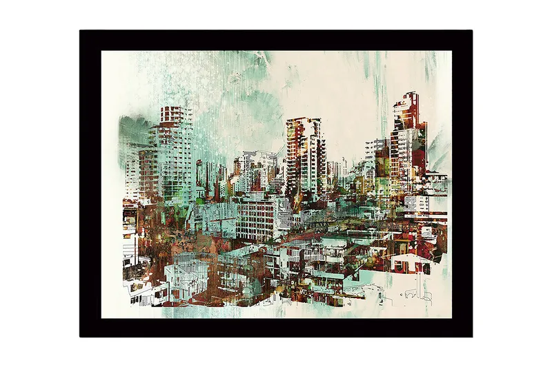 Indrammet lærredstryk i træ - 41x56 cm - Bylandskab med moderne skyskrabere og bygninger - Grøn / Rød / Beige - Boligtilbehør - Billeder & kunst