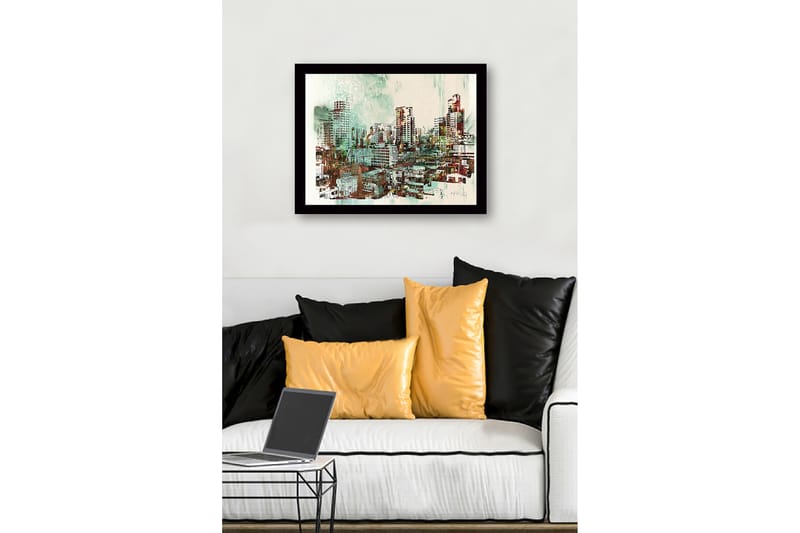 Indrammet lærredstryk i træ - 41x56 cm - Bylandskab med moderne skyskrabere og bygninger - Grøn / Rød / Beige - Boligtilbehør - Billeder & kunst