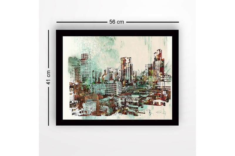 Indrammet lærredstryk i træ - 41x56 cm - Bylandskab med moderne skyskrabere og bygninger - Grøn / Rød / Beige - Boligtilbehør - Billeder & kunst