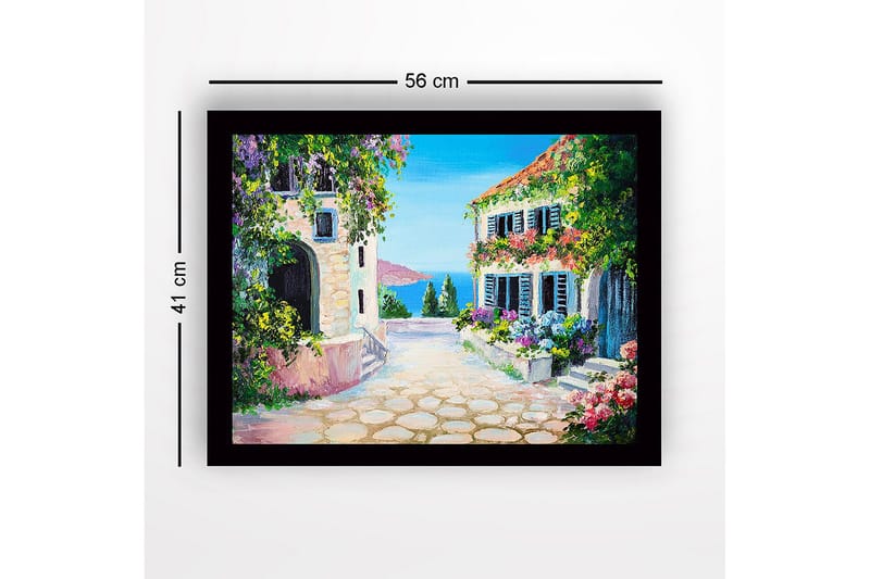 Indrammet lærredstryk i træ - 41x56 cm - Charmerende middelhavsgade med blomster og huse - Blå / Grøn / Lyserød - Boligtilbehør - Billeder & kunst