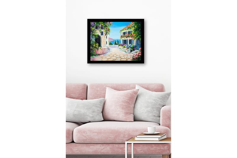 Indrammet lærredstryk i træ - 41x56 cm - Charmerende middelhavsgade med blomster og huse - Blå / Grøn / Lyserød - Boligtilbehør - Billeder & kunst