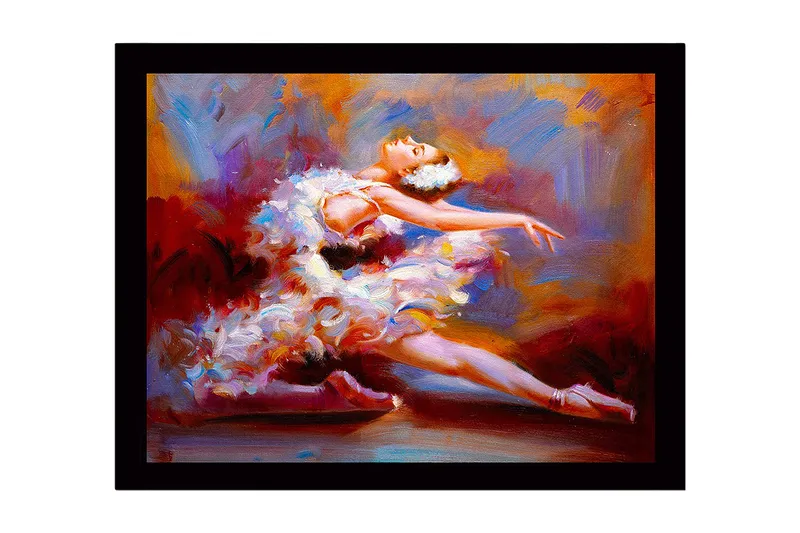 Indrammet lærredstryk i træ - 41x56 cm - Dansende ballerina i en farverig kjole, Rød / Hvid / Orange