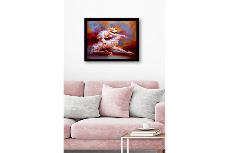 Indrammet lærredstryk i træ - 41x56 cm - Dansende ballerina i en farverig kjole - Rød / Hvid / Orange - Boligtilbehør - Billeder & kunst