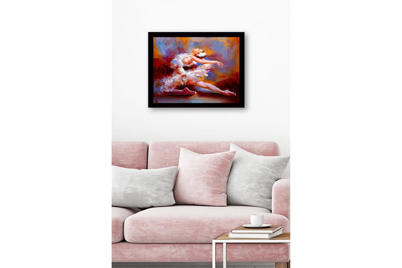 Indrammet lærredstryk i træ - 41x56 cm - Dansende ballerina i en farverig kjole - Rød / Hvid / Orange - Boligtilbehør - Billeder & kunst