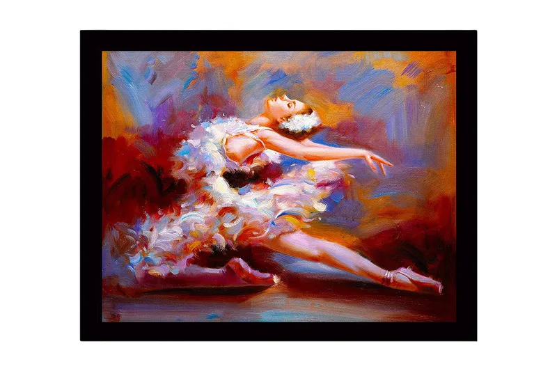 Indrammet lærredstryk i træ - 41x56 cm - Dansende ballerina i en farverig kjole, Rød / Hvid / Orange