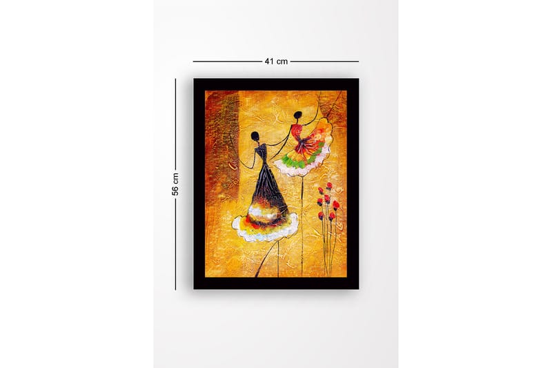 Indrammet lærredstryk i træ - 41x56 cm - Dansende kvinder i farverige kjoler - Gul / Sort / Rød - Boligtilbehør - Billeder & kunst