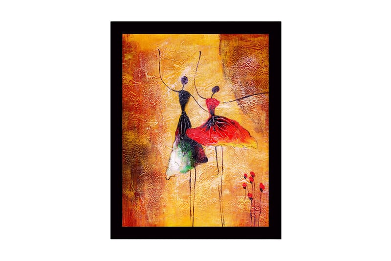 Indrammet lærredstryk i træ - 41x56 cm - Dansende par i farverige kjoler, Rød / Sort / Gul
