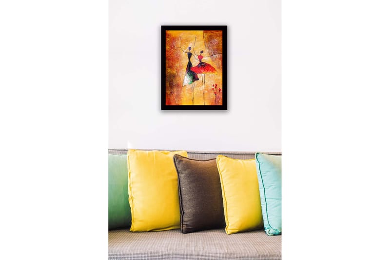 Indrammet lærredstryk i træ - 41x56 cm - Dansende par i farverige kjoler - Rød / Sort / Gul - Boligtilbehør - Billeder & kunst