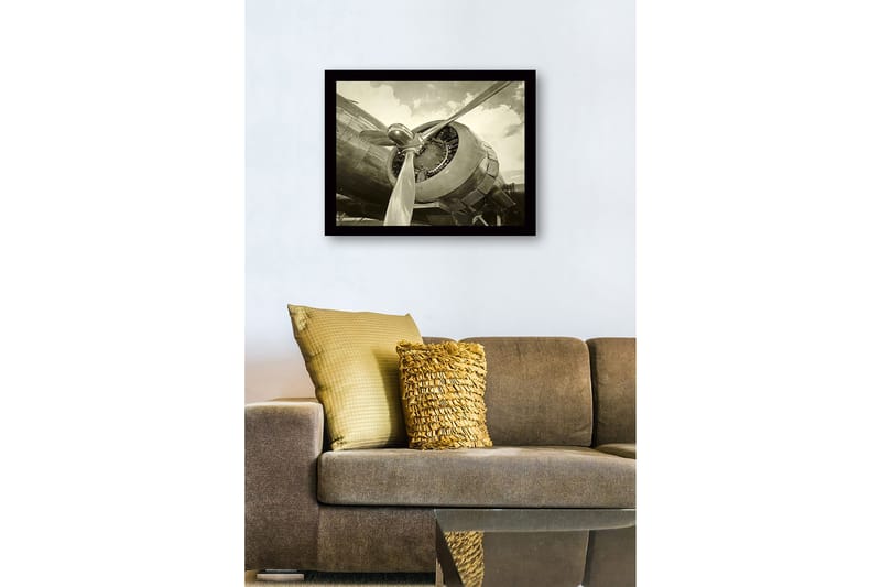 Indrammet lærredstryk i træ - 41x56 cm - Detaljeret nærbillede af en flypropel og motor - Grå / Sort / Sølv - Boligtilbehør - Billeder & kunst