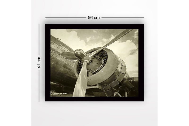 Indrammet lærredstryk i træ - 41x56 cm - Detaljeret nærbillede af en flypropel og motor - Grå / Sort / Sølv - Boligtilbehør - Billeder & kunst