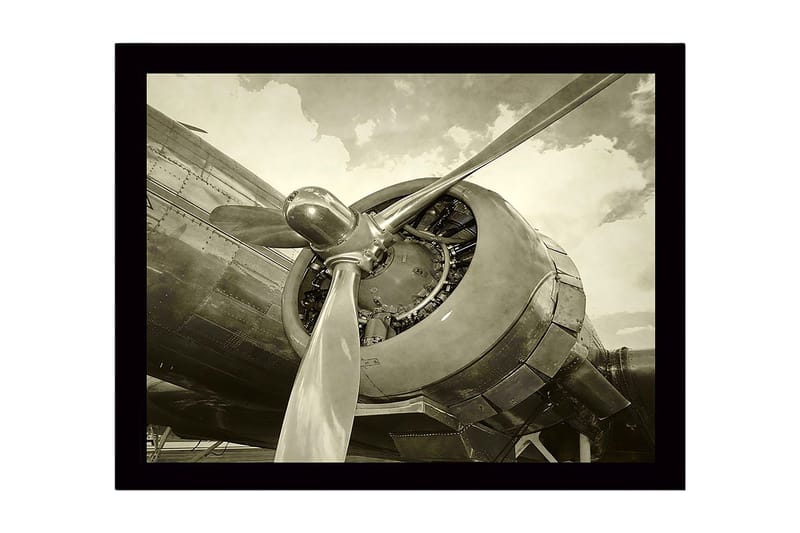 Indrammet lærredstryk i træ - 41x56 cm - Detaljeret nærbillede af en flypropel og motor, Grå / Sort / Sølv