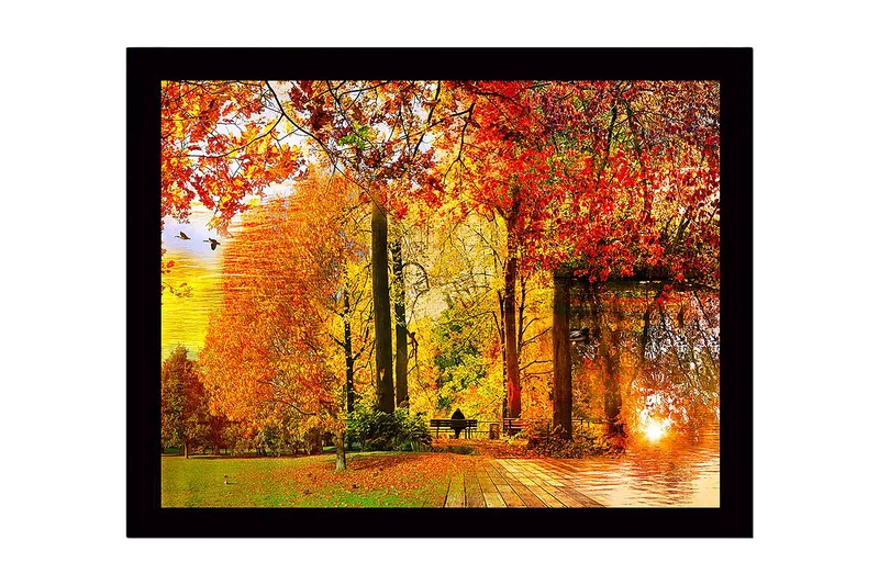 Indrammet lærredstryk i træ - 41x56 cm - Efterårslandskab med farverige træer og en solnedgang ved en sø, Orange / Rød / Gul