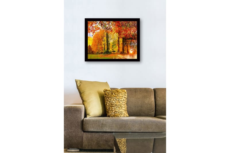 Indrammet lærredstryk i træ - 41x56 cm - Efterårslandskab med farverige træer og en solnedgang ved en sø - Orange / Rød / Gul - Boligtilbehør - Billeder & kunst
