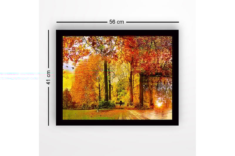 Indrammet lærredstryk i træ - 41x56 cm - Efterårslandskab med farverige træer og en solnedgang ved en sø - Orange / Rød / Gul - Boligtilbehør - Billeder & kunst