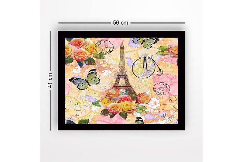Indrammet lærredstryk i træ - 41x56 cm - Eiffeltårnet omgivet af farverige blomster og sommerfugle - Lyserød / Gul / Grøn - Boligtilbehør - Billeder & kunst