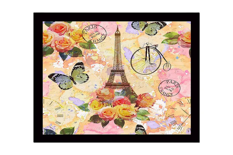 Indrammet lærredstryk i træ - 41x56 cm - Eiffeltårnet omgivet af farverige blomster og sommerfugle, Lyserød / Gul / Grøn