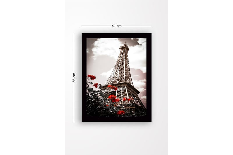Indrammet lærredstryk i træ - 41x56 cm - Eiffeltårnet omgivet af røde roser - Rød / Sort / Grå - Boligtilbehør - Billeder & kunst