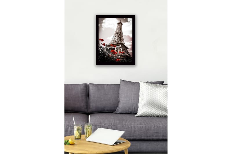 Indrammet lærredstryk i træ - 41x56 cm - Eiffeltårnet omgivet af røde roser - Rød / Sort / Grå - Boligtilbehør - Billeder & kunst