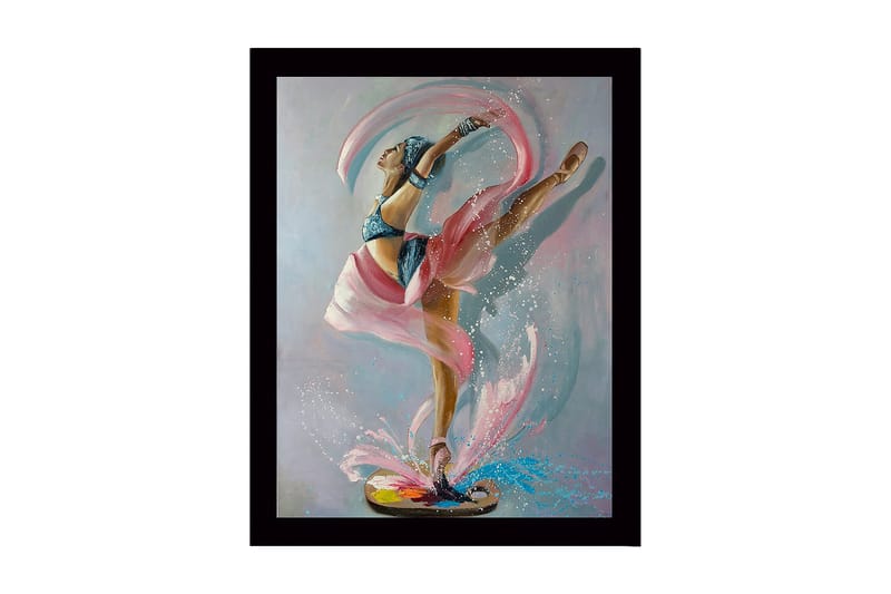 Indrammet lærredstryk i træ - 41x56 cm - Elegant balletdanser i dynamisk positur, Lyserød / Blå / Beige