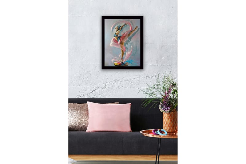 Indrammet lærredstryk i træ - 41x56 cm - Elegant balletdanser i dynamisk positur - Lyserød / Blå / Beige - Boligtilbehør - Billeder & kunst