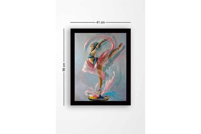 Indrammet lærredstryk i træ - 41x56 cm - Elegant balletdanser i dynamisk positur - Lyserød / Blå / Beige - Boligtilbehør - Billeder & kunst