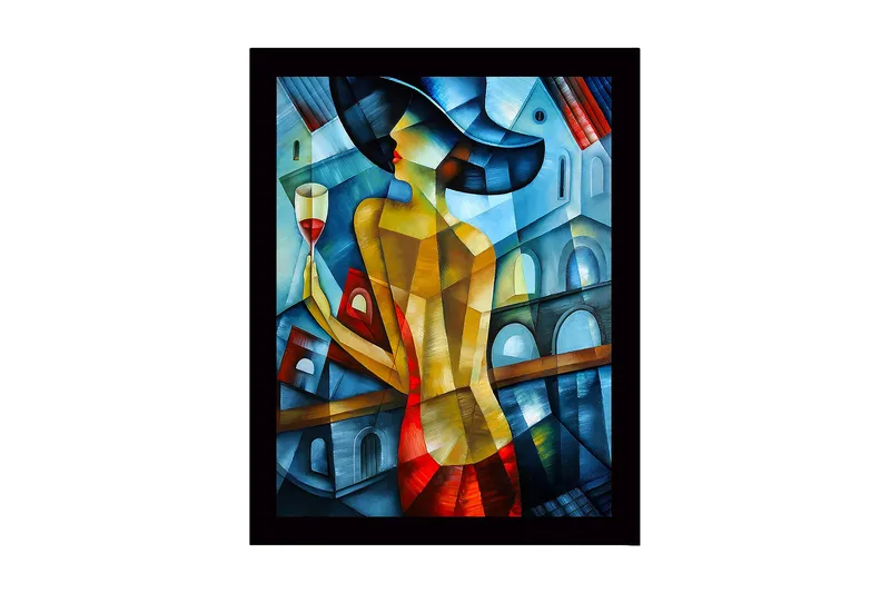 Indrammet lærredstryk i træ - 41x56 cm - Elegant kvinde med et vinglas i et farverigt miljø, Blå / Rød / Gul