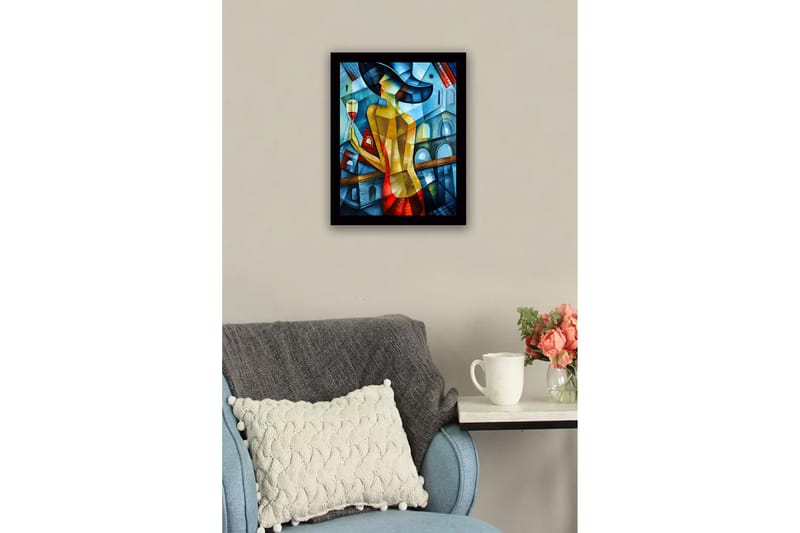 Indrammet lærredstryk i træ - 41x56 cm - Elegant kvinde med et vinglas i et farverigt miljø - Blå / Rød / Gul - Boligtilbehør - Billeder & kunst