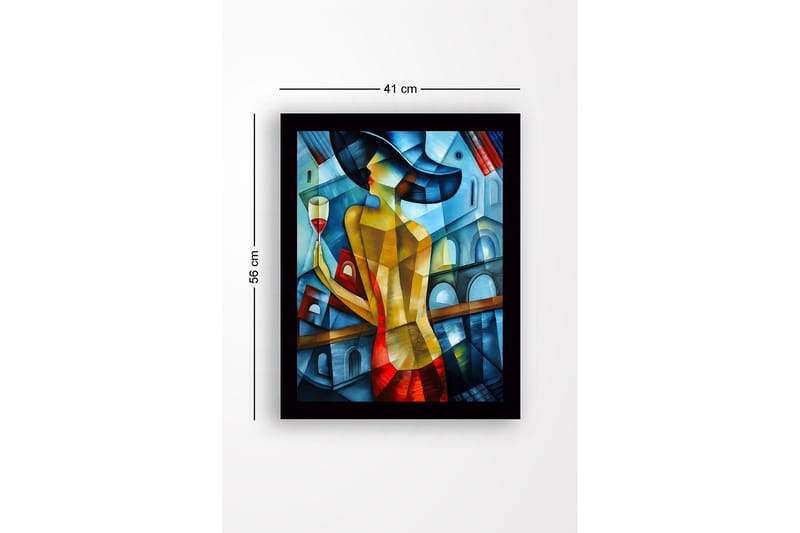 Indrammet lærredstryk i træ - 41x56 cm - Elegant kvinde med et vinglas i et farverigt miljø - Blå / Rød / Gul - Boligtilbehør - Billeder & kunst