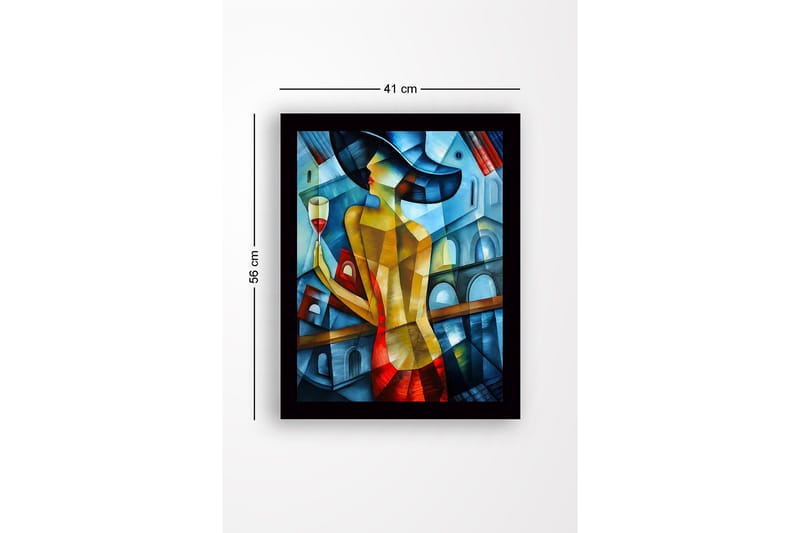 Indrammet lærredstryk i træ - 41x56 cm - Elegant kvinde med et vinglas i et farverigt miljø - Blå / Rød / Gul - Boligtilbehør - Billeder & kunst