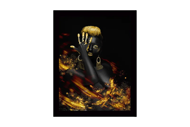 Indrammet lærredstryk i træ - 41x56 cm - Elegant kvinde med gyldne detaljer og sort baggrund, Sort / Guld