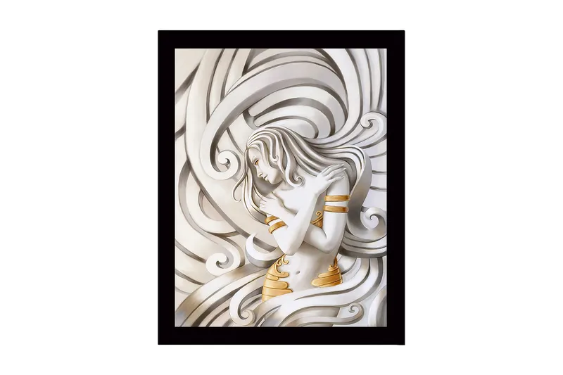 Indrammet lærredstryk i træ - 41x56 cm - Elegant kvinde omgivet af svajende linjer, Hvid / Guld / Grå