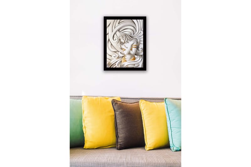 Indrammet lærredstryk i træ - 41x56 cm - Elegant kvinde omgivet af svajende linjer - Hvid / Guld / Grå - Boligtilbehør - Billeder & kunst