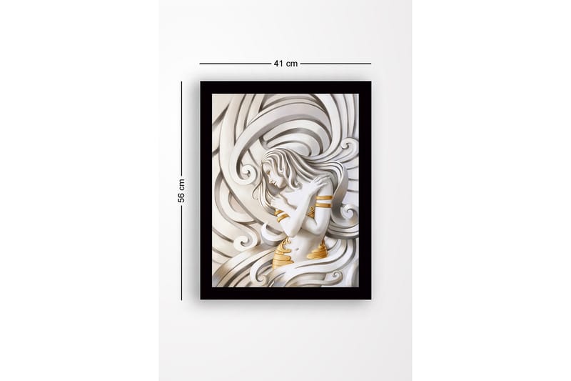Indrammet lærredstryk i træ - 41x56 cm - Elegant kvinde omgivet af svajende linjer - Hvid / Guld / Grå - Boligtilbehør - Billeder & kunst