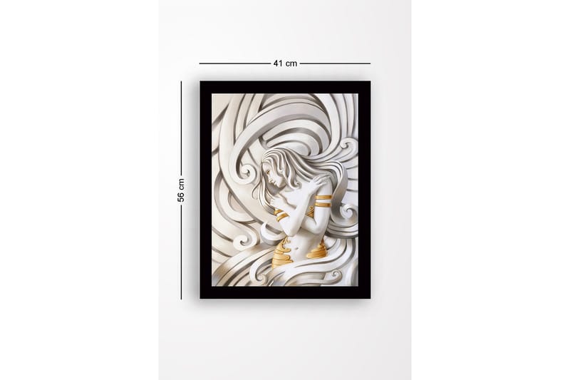 Indrammet lærredstryk i træ - 41x56 cm - Elegant kvinde omgivet af svajende linjer - Hvid / Guld / Grå - Boligtilbehør - Billeder & kunst