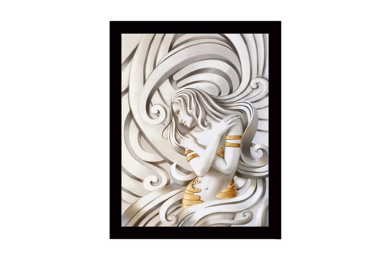 Indrammet lærredstryk i træ - 41x56 cm - Elegant kvinde omgivet af svajende linjer, Hvid / Guld / Grå