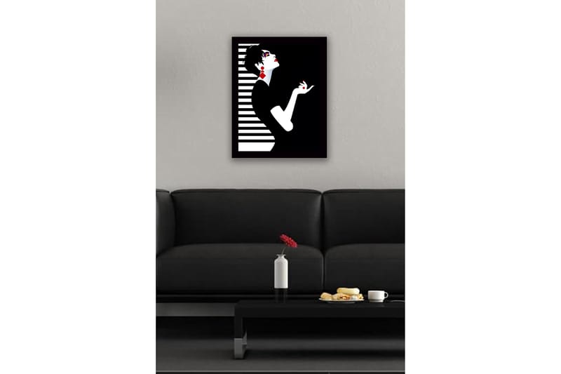Indrammet lærredstryk i træ - 41x56 cm - Elegant silhuet af en kvinde med dramatisk positur - Sort / Hvid / Rød - Boligtilbehør - Billeder & kunst