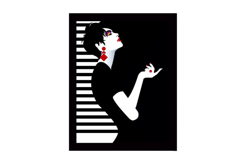 Indrammet lærredstryk i træ - 41x56 cm - Elegant silhuet af en kvinde med dramatisk positur, Sort / Hvid / Rød