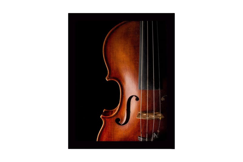 Indrammet lærredstryk i træ - 41x56 cm - Elegant violin med detaljeret træstruktur, Mørkebrun / Lysebrun / Sort