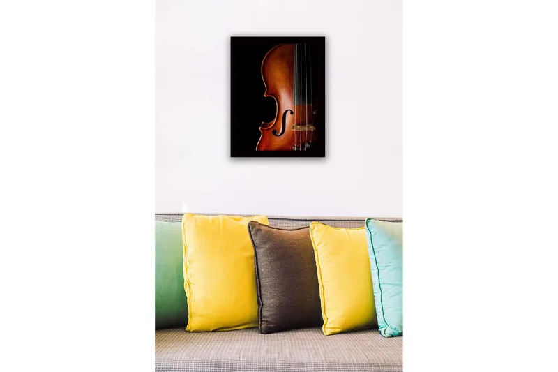 Indrammet lærredstryk i træ - 41x56 cm - Elegant violin med detaljeret træstruktur - Mørkebrun / Lysebrun / Sort - Boligtilbehør - Billeder & kunst