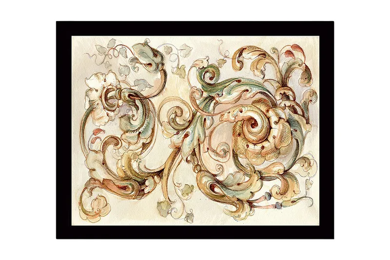 Indrammet lærredstryk i træ - 41x56 cm - Elegante skriftruller og blomster i en harmonisk komposition, Lysegrøn / Beige / Brun