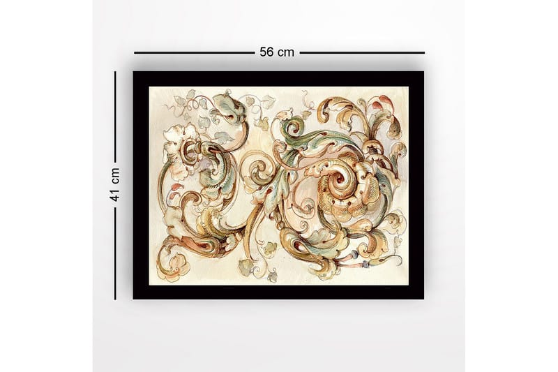 Indrammet lærredstryk i træ - 41x56 cm - Elegante skriftruller og blomster i en harmonisk komposition - Lysegrøn / Beige / Brun - Boligtilbehør - Billeder & kunst