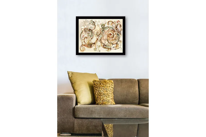 Indrammet lærredstryk i træ - 41x56 cm - Elegante skriftruller og blomster i en harmonisk komposition - Lysegrøn / Beige / Brun - Boligtilbehør - Billeder & kunst