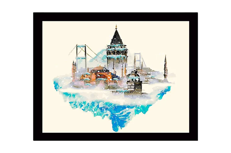 Indrammet lærredstryk i træ - 41x56 cm - Fantasifuld by med historiske bygninger og broer, der svæver over en isbjerglignende struktur, Blå / Beige / Sort