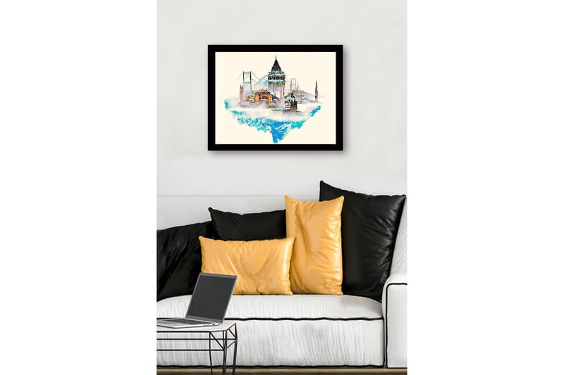 Indrammet lærredstryk i træ - 41x56 cm - Fantasifuld by med historiske bygninger og broer, der svæver over en isbjerglignende struktur - Blå / Beige / Sort - Boligtilbehør - Billeder & kunst